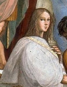 Raffaello Sanzio, particolare de La scuola di Atene (1508-1511), affresco, Stanza della Segnatura, Musei Vaticani. Il personaggio è improbabilmente identificato con Ipazia.